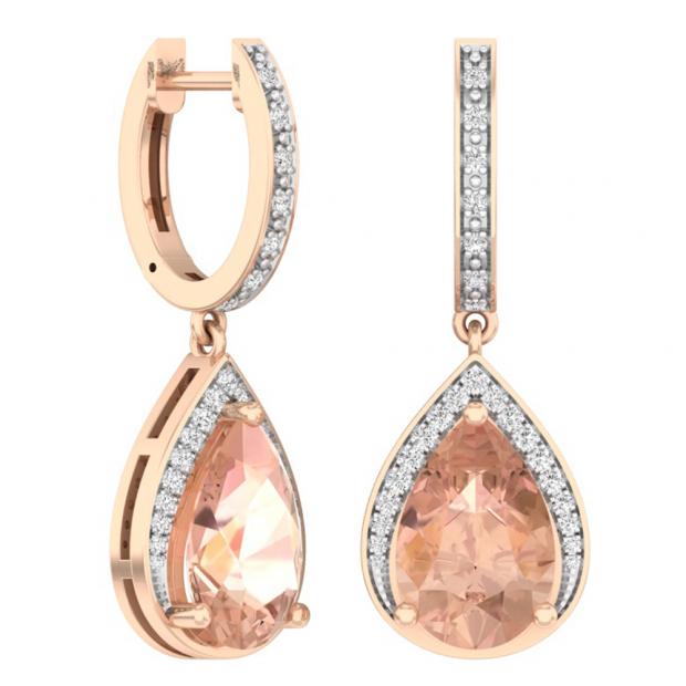6.30 Carat (ctw) 10K Rose Gold Pear Cut Morganite & Round Cut White Diamond Ladies Dangling Drop Earrings