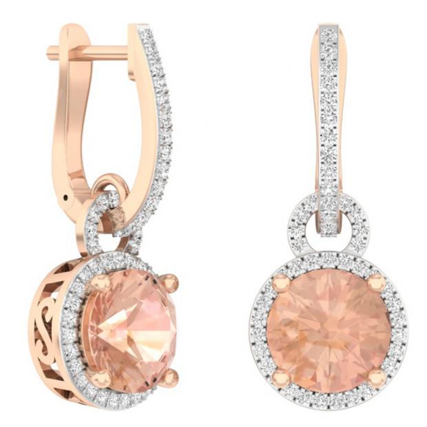 4.20 Carat (ctw) 18K Rose Gold Round Cut Morganite & White Diamond Ladies Dangling Drop Earrings