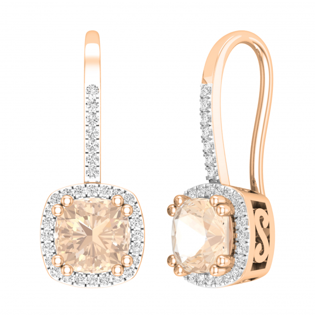 2.25 Carat (ctw) 10K Rose Gold Cushion Cut Morganite & Round White Diamond Ladies Dangling Drop Earrings 2 1/4 CT