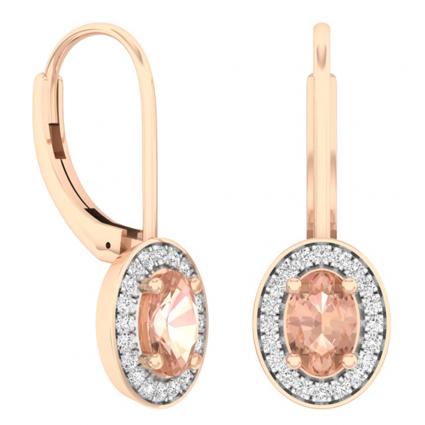 1.20 Carat (ctw) 18K Rose Gold Oval Cut Morganite & Round Cut White Diamond Ladies Halo Style Dangling Drop Earrings