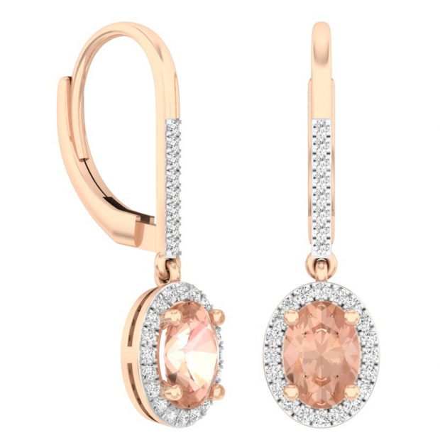 2.30 Carat (ctw) 18K Rose Gold Oval Cut Morganite & Round Cut White Diamond Ladies Halo Style Dangling Drop Earrings