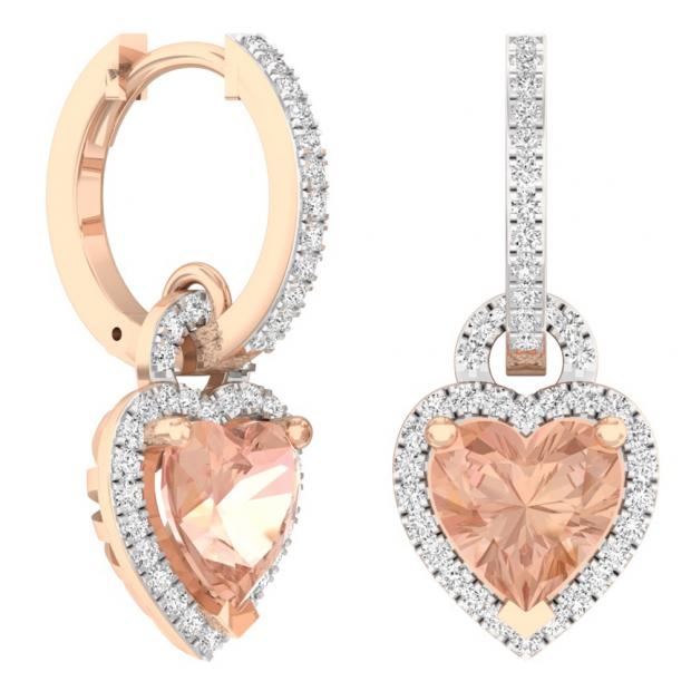 2.50 Carat (ctw) 10K Rose Gold Heart Cut Morganite & Round Cut White Diamond Ladies Heart Dangling Drop Earrings 2 1/2 CT