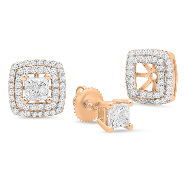 1.50 Carat (ctw) 10K Rose Gold Princess & Round Cut Diamond Halo Stud Earrings With Removable Jackets 1 1/2 CT