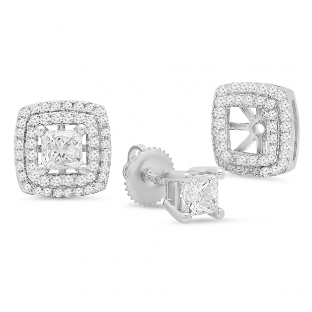 1.50 Carat (ctw) 10K White Gold Princess & Round Cut Diamond Halo Stud Earrings With Removable Jackets 1 1/2 CT