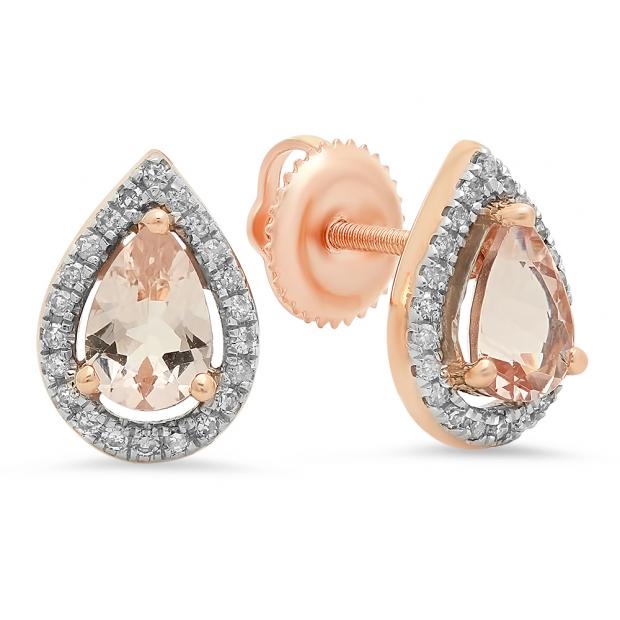 0.95 Carat (ctw) 14K Rose Gold Pear Cut Morganite & Round Cut White Diamond Ladies Halo Stud Earrings
