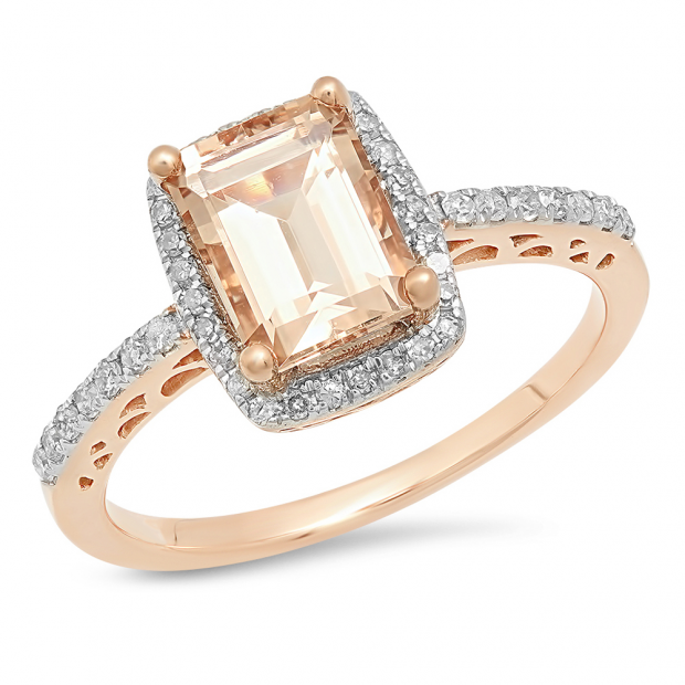 1.95 Carat (ctw) 10K Rose Gold Emerald Cut Morganite & Round Cut White Diamond Ladies Bridal Halo Style Engagement Ring