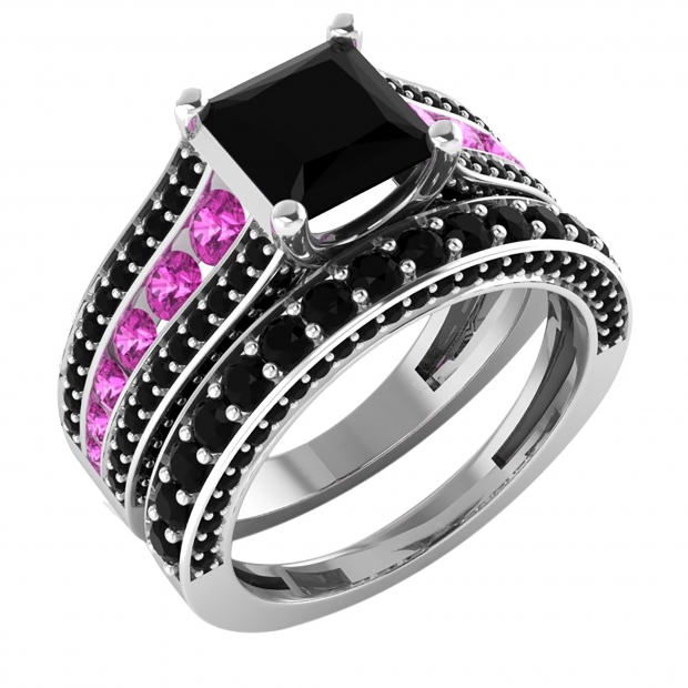 5.15 Carat (ctw) 10K White Gold Princess & Round Cut Black & Pink Cubic Zirconia Ladies Bridal Engagement Ring With Matching Band Set