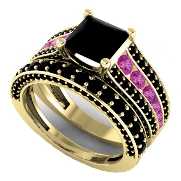 5.15 Carat (ctw) 10K Yellow Gold Princess & Round Cut Black & Pink Cubic Zirconia Ladies Bridal Engagement Ring With Matching Band Set