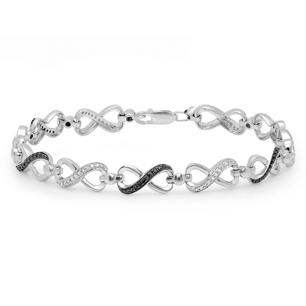 0.40 Carat (ctw) Sterling Silver Round Black & White Diamond Ladies Infinity Tennis Link Bracelet