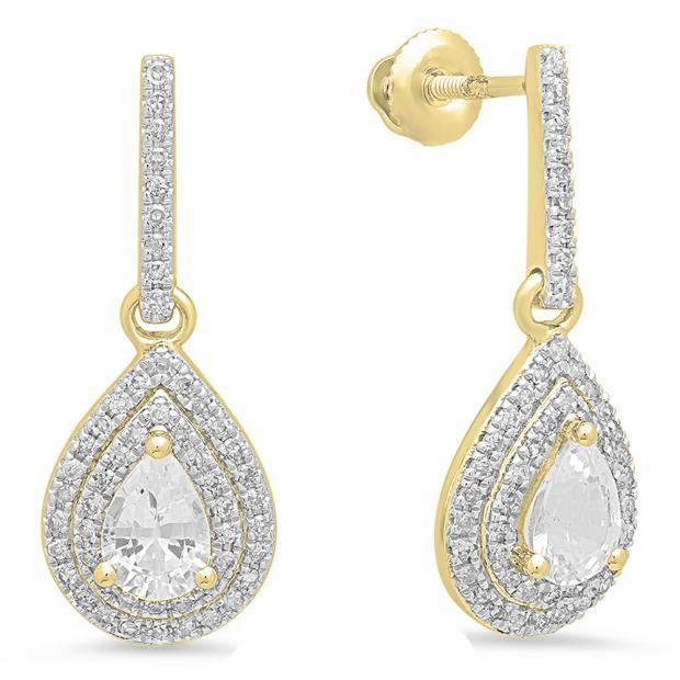 1.45 Carat (ctw) 18K Yellow Gold Pear Cut White Sapphire & Round White Diamond Ladies Dangling Drop Earrings 1 1/2 CT