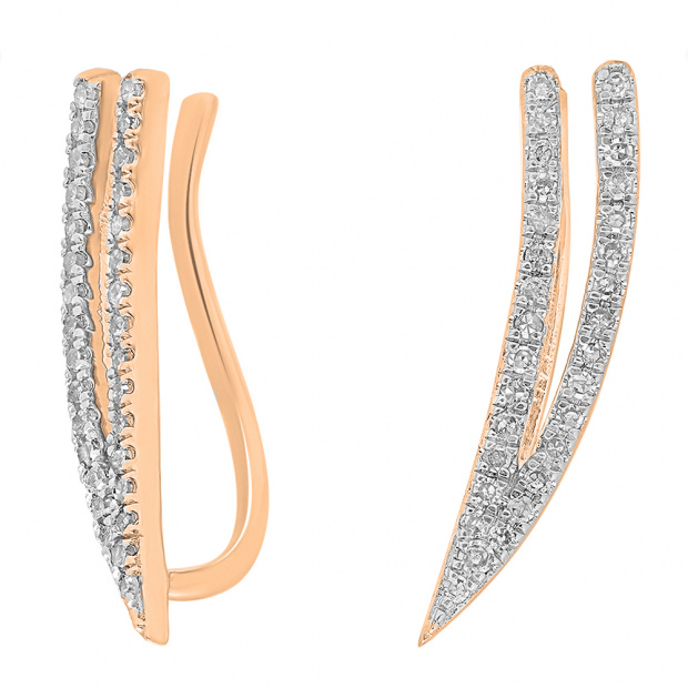 0.20 Carat (ctw) 10K Rose Gold Round Cut White Diamond Ladies Double Row Crawler Climber Earrings 1/5 CT