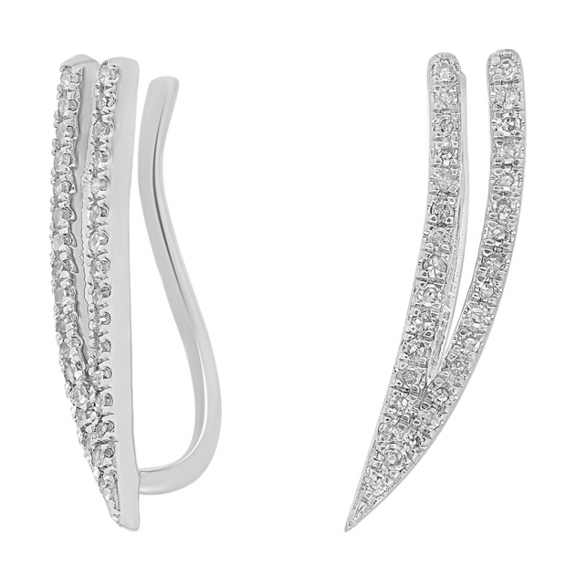 0.20 Carat (ctw) 18K White Gold Round Cut White Diamond Ladies Double Row Crawler Climber Earrings 1/5 CT
