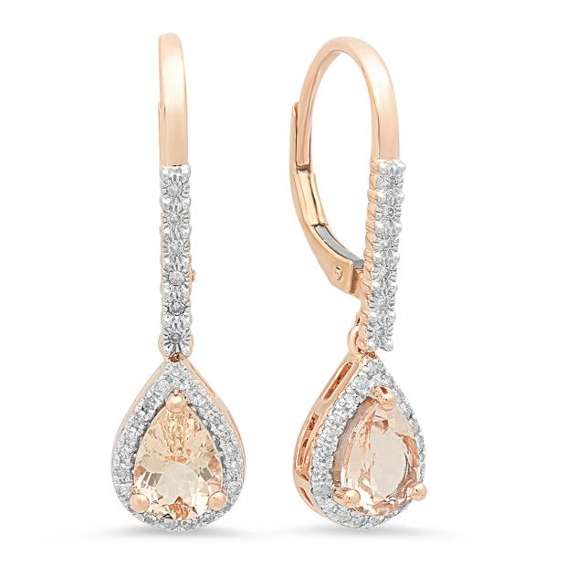 1.70 Carat (ctw) 18K Rose Gold Pear Cut Morganite & Round Cut White Diamond Ladies Dangling Drop Earrings