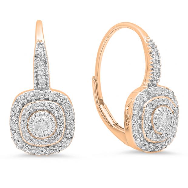 0.65 Carat (Ctw) 18K Rose Gold Round Cut Diamond Ladies Halo Style Dangling Drop Earrings