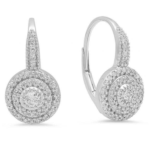 0.55 Carat (ctw) 10K White Gold Round Cut Diamond Ladies Halo Style Dangling Drop Earrings 1/2