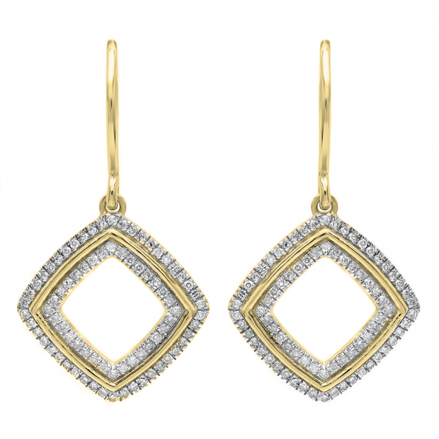 0.24 Carat (ctw) 10K Yellow Gold Round Cut White Diamond Ladies Cushion Shape Dangling Drop Earrings 1/4 CT