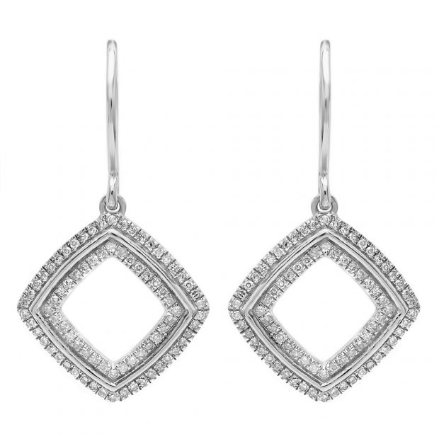 0.24 Carat (ctw) 18K White Gold Round Cut White Diamond Ladies Cushion Shape Dangling Drop Earrings 1/4 CT