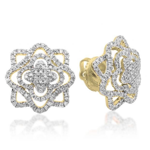 0.40 Carat (ctw) 10K Yellow Gold Round Cut White Diamond Ladies Cluster Flower Micro Pave Stud Earrings