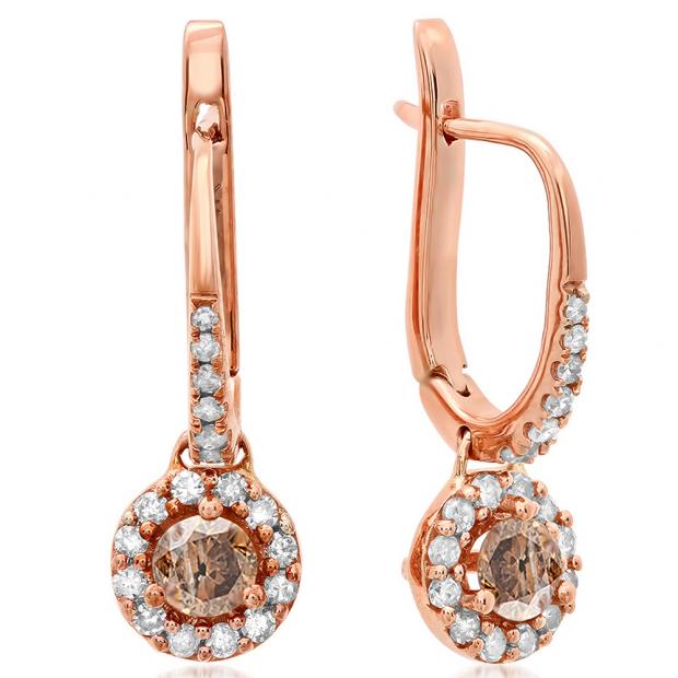 0.42 Carat (ctw) 10K Rose Gold Round Champagne Diamond & White Diamond Ladies Halo Style Dangling Drop Earrings