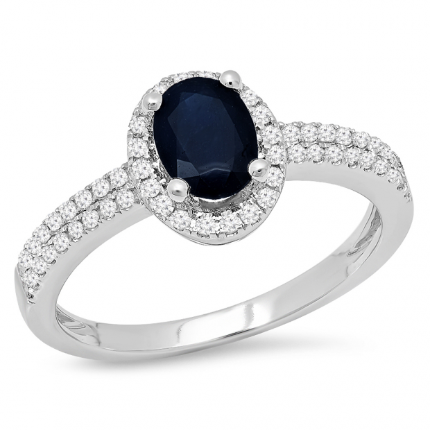 1.40 Carat (ctw) 10K White Gold Oval Cut Blue Sapphire & Round Cut White Diamond Ladies Bridal Halo Style Engagement Ring