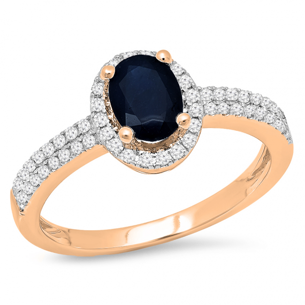 1.40 Carat (ctw) 14K Rose Gold Oval Cut Blue Sapphire & Round Cut White Diamond Ladies Bridal Halo Style Engagement Ring