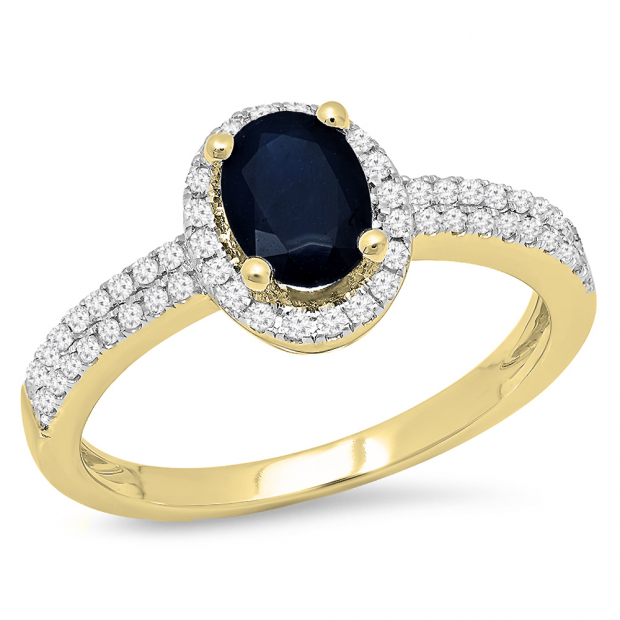 1.40 Carat (ctw) 14K Yellow Gold Oval Cut Blue Sapphire & Round Cut White Diamond Ladies Bridal Halo Style Engagement Ring