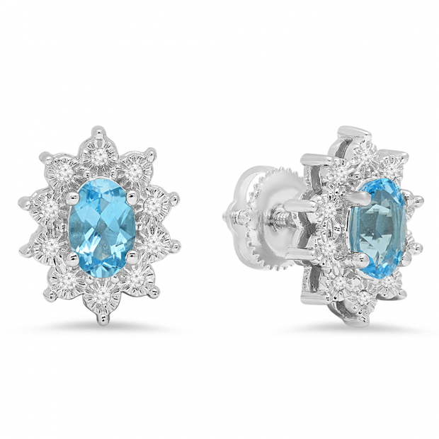 1.15 Carat (ctw) 10K White Gold Oval Cut Blue Topaz & Round Cut White Diamond Ladies Flower Shape Cluster Fashion Stud Earrings