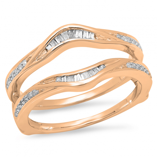 0.25 Carat (ctw) 10K Rose Gold Round & Baguette Cut White Diamond Ladies Anniversary Wedding Band Enhancer Double Guard Ring 1/4 CT