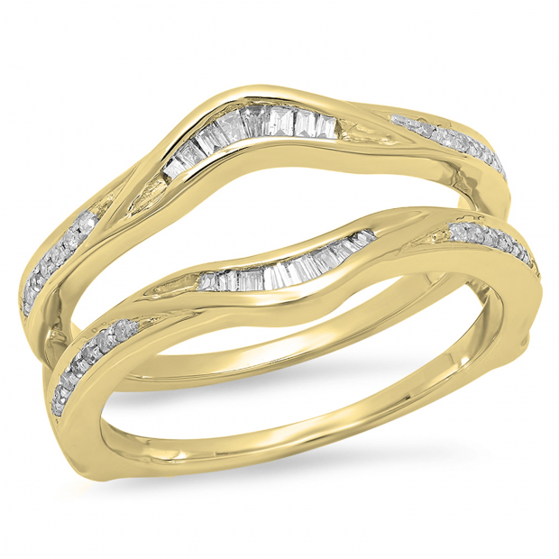0.25 Carat (ctw) 10K Yellow Gold Round & Baguette Cut White Diamond Ladies Anniversary Wedding Band Enhancer Double Guard Ring 1/4 CT