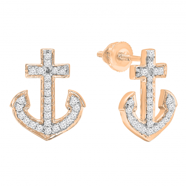 0.32 Carat (ctw) 10K Rose Gold Round Cut White Diamond Ladies Anchor Stud Earrings 1/3 CT