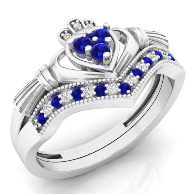 0.25 Carat (ctw) 10K White Gold Round Cut White Diamond & Blue Sapphire Ladies Bridal Irish Love & Friendship Heart Shape Engagement Ring Set 1/4 CT