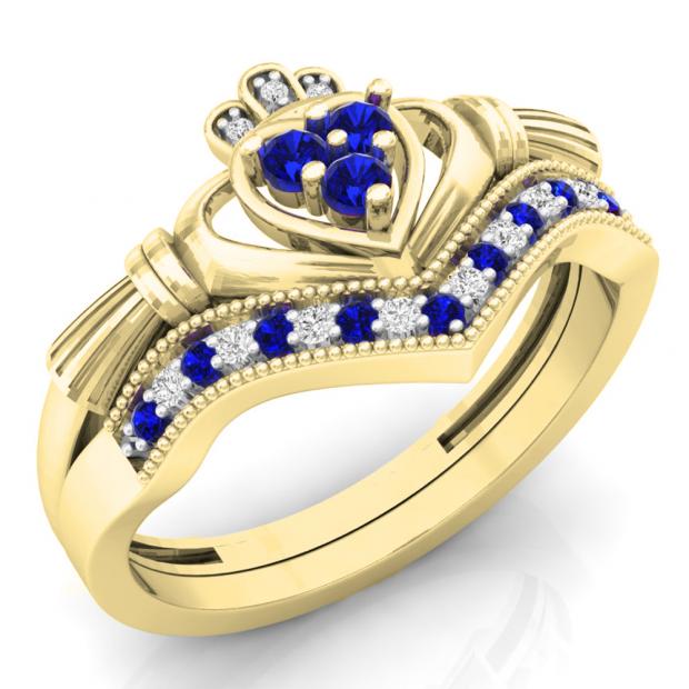 0.25 Carat (ctw) 10K Yellow Gold Round Cut White Diamond & Blue Sapphire Ladies Bridal Irish Love & Friendship Heart Shape Engagement Ring Set 1/4 CT