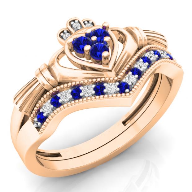0.25 Carat (ctw) 18K Rose Gold Round Cut White Diamond & Blue Sapphire Ladies Bridal Irish Love & Friendship Heart Shape Engagement Ring Set 1/4 CT