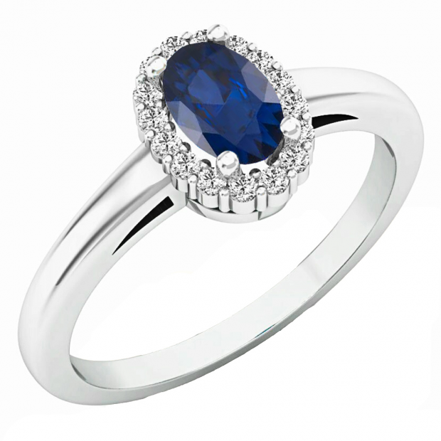 0.70 Carat (ctw) 10K White Gold Oval Cut Blue Sapphire & Round White Diamond Ladies Bridal Halo Engagement Ring 3/4 CT