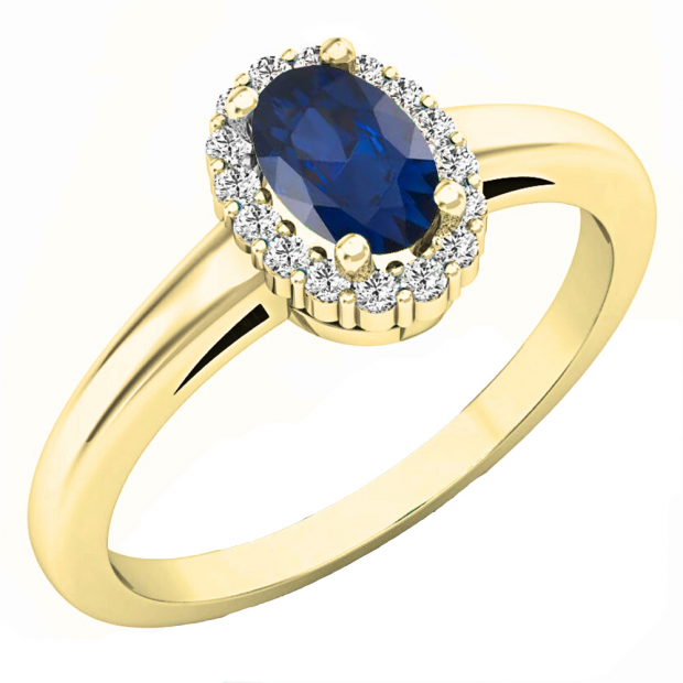0.70 Carat (ctw) 14K Yellow Gold Oval Cut Blue Sapphire & Round White Diamond Ladies Bridal Halo Engagement Ring 3/4 CT