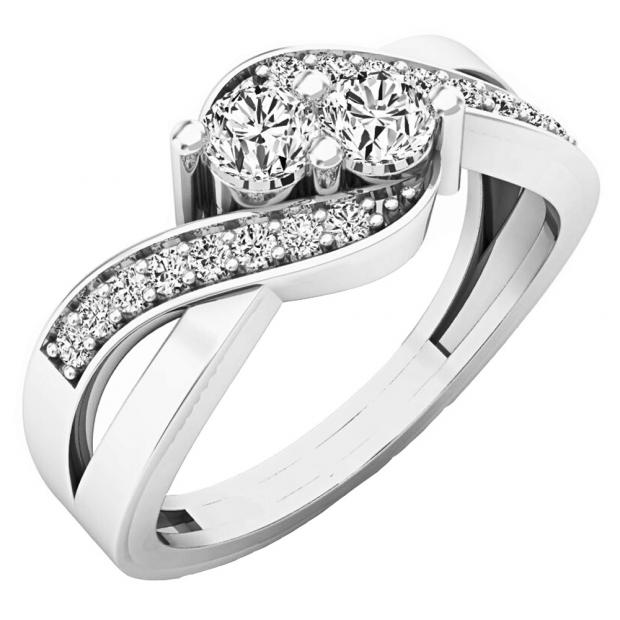 0.50 Carat (ctw) 10K White Gold Round White Diamond Ladies Two Stone Forever Together Split Shank Bypass Style Bridal Engagement Ring 1/2 CT