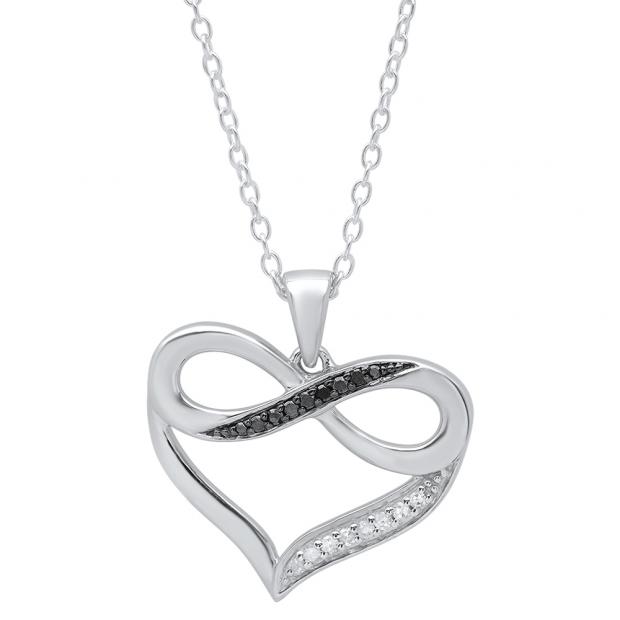 0.10 Carat (ctw) Sterling Silver Round Black & White Diamond Ladies Infinity Heart Pendant (Silver Chain Included) 1/10 CT