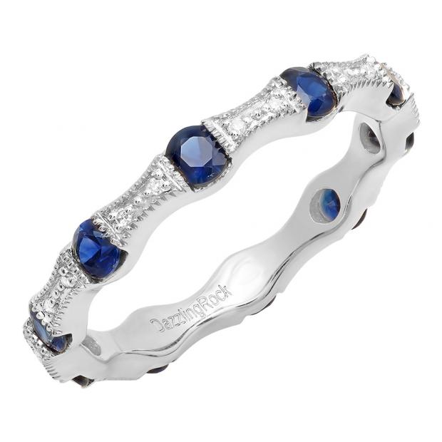 1.20 Carat (ctw) 14K White Gold Round Blue Sapphire & White Diamond Ladies Vintage Style Anniversary Wedding Eternity Band Stackable Ring 1 1/4 CT
