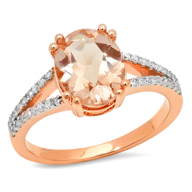 1.45 Carat (ctw) 10K Rose Gold Oval Cut Morganite & Round Cut White Diamond Ladies Bridal Split Shank Engagement Ring 1 1/2 CT