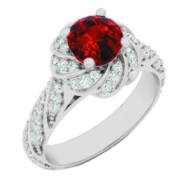 1.30 Carat (ctw) 14K White Gold Round Cut Ruby & White Diamond Ladies Bridal Engagement Ring