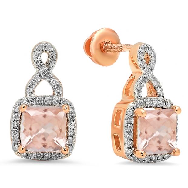 1.40 Carat (ctw) 18K Rose Gold Princess Cut Morganite & Round Cut White Diamond Ladies Infinity Swirl Dangling Drop Earrings