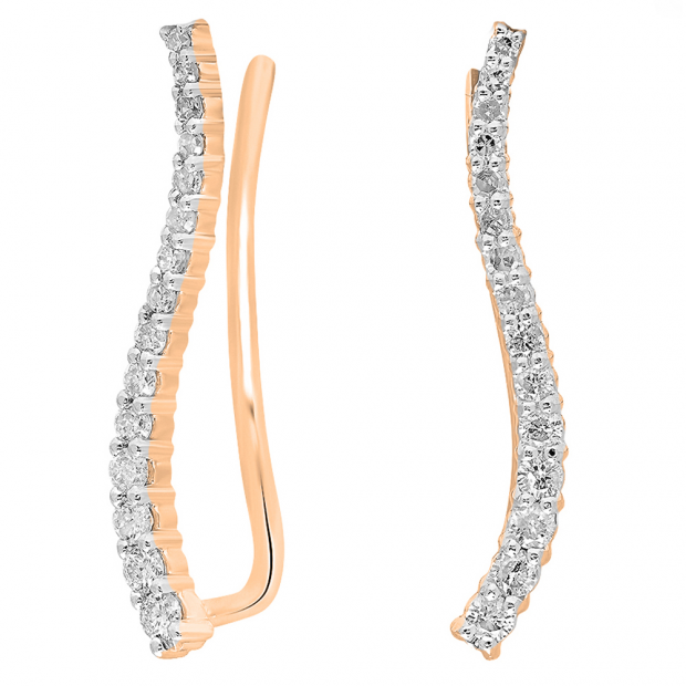 0.30 Carat (ctw) 10K Rose Gold Round Cut White Diamond Ladies Crawler Climber Earrings 1/3 CT