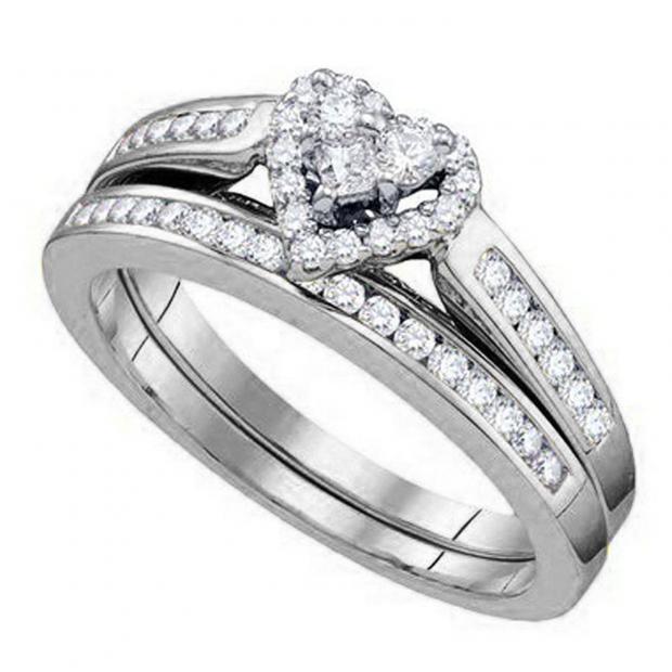 0.48 Carat (ctw) 10K White Gold Round Cut White Diamond Ladies Heart Shaped Bridal Engagement Ring With Matching Band Set 1/2 CT