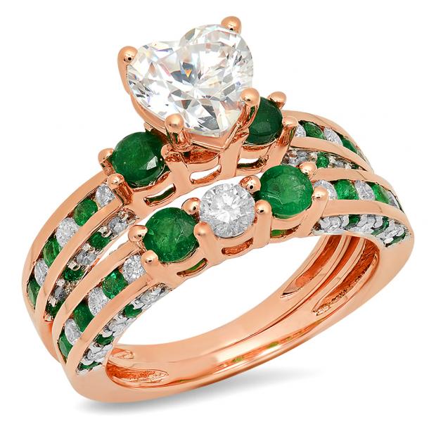 3.80 Carat (ctw) 10K Rose Gold Heart Cut Cubic Zirconia CZ Round Cut Emerald & White Diamond Ladies Bridal Engagement Ring With Matching Wedding Band Set