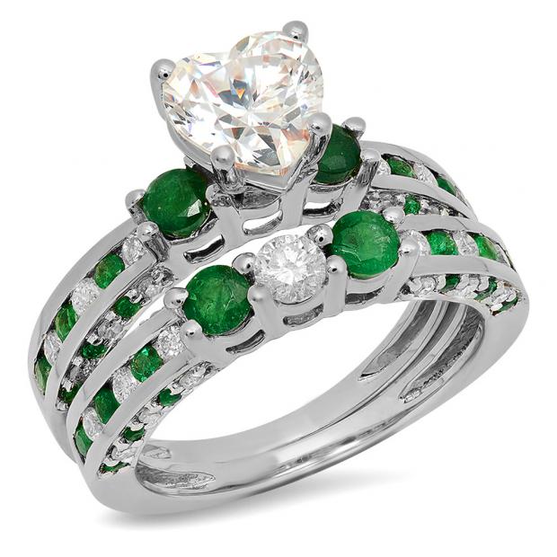 3.80 Carat (ctw) 10K White Gold Heart Cut Cubic Zirconia CZ Round Cut Emerald & White Diamond Ladies Bridal Engagement Ring With Matching Wedding Band Set