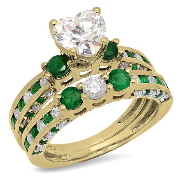 3.80 Carat (ctw) 10K Yellow Gold Heart Cut Cubic Zirconia CZ Round Cut Emerald & White Diamond Ladies Bridal Engagement Ring With Matching Wedding Band Set
