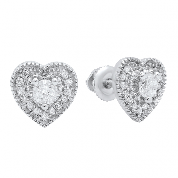 0.30 Carat (ctw) 18K White Gold Round Cut White Diamond Ladies Heart Shape Stud Earrings 1/3 CT