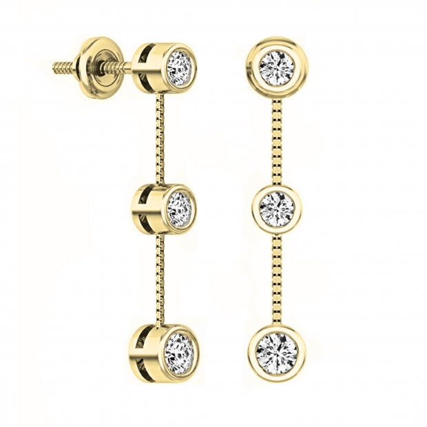 0.50 Carat (ctw) 14K Yellow Gold Round White Diamond Ladies Three Stone Drop Earrings 1/2 CT