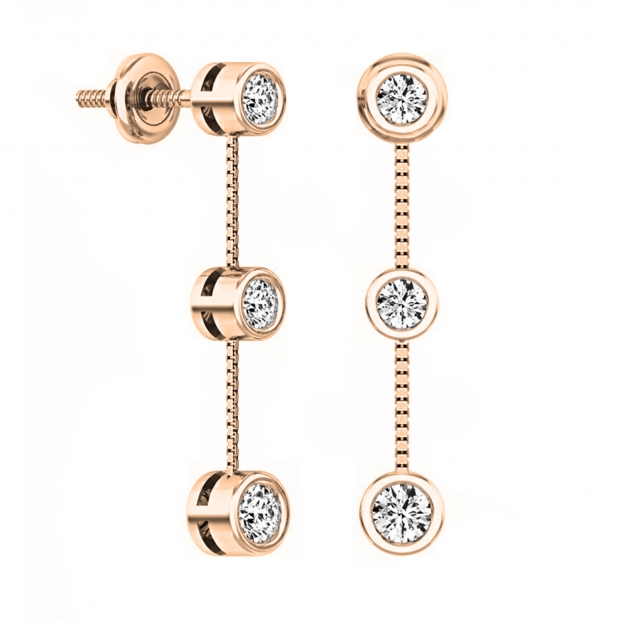 0.50 Carat (ctw) 18K Rose Gold Round White Diamond Ladies Three Stone Drop Earrings 1/2 CT