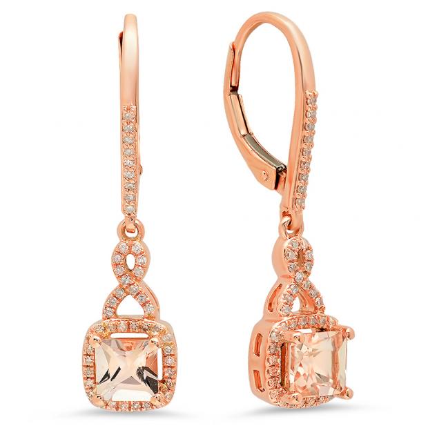1.50 Carat (ctw) 14K Rose Gold Princess Cut Morganite & Round White Diamond Ladies Infinity Dangling Drop Earrings 1 1/2 CT